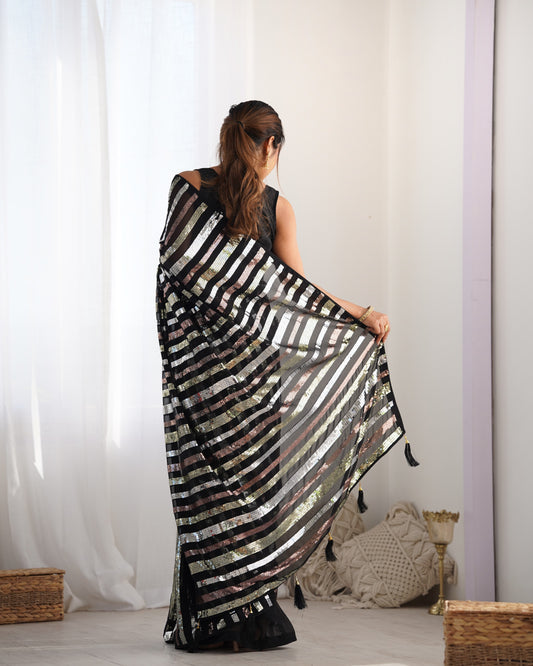 Black Sequin Striped Party Wear Saree Glamorous Evening Look