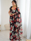 Black Floral Printed Georgette Saree with Designer Blouse