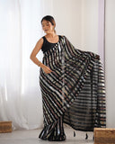 Black Sequin Striped Party Wear Saree Glamorous Evening Look