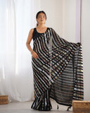Black Sequin Striped Party Wear Saree Glamorous Evening Look