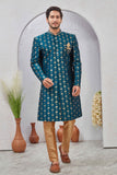 Indian Designer Wedding Wear Jacquard Fabric Indo-Western Sherwani Pajama Set For Men