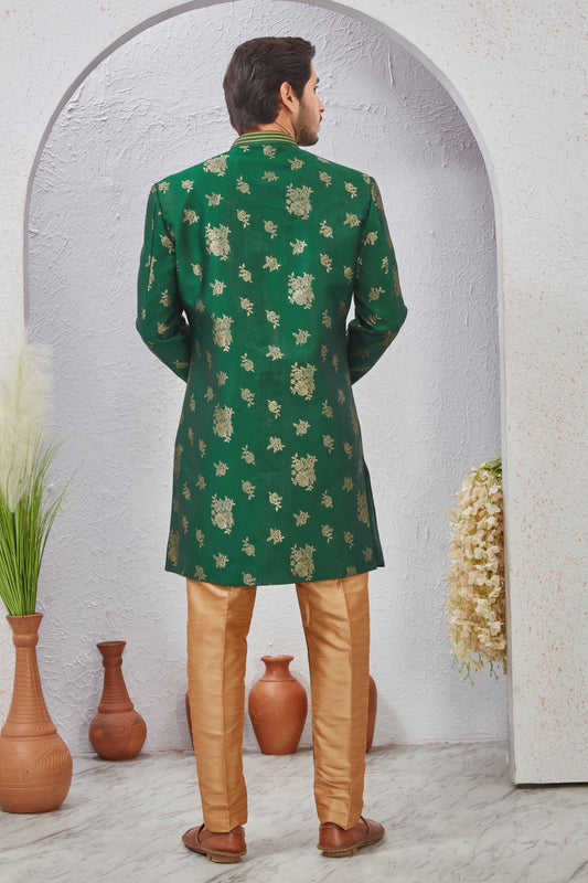 Indian Designer Wedding Wear Jacquard Fabric Indo-Western Sherwani Pajama Set For Men