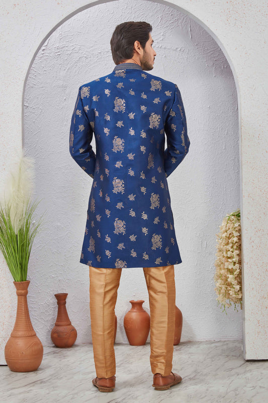 Indian Designer Wedding Wear Jacquard Fabric Indo-Western Sherwani Pajama Set For Men