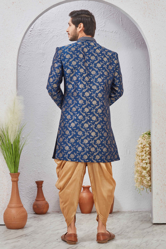Indian Designer Wedding Wear Jacquard Fabric Indo-Western Sherwani Pajama Set For Men