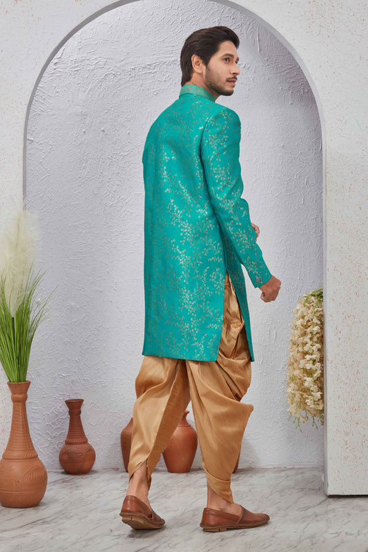 Indian Designer Wedding Wear Jacquard Fabric Indo-Western Sherwani Pajama Set For Men