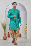 Indian Designer Wedding Wear Jacquard Fabric Indo-Western Sherwani Pajama Set For Men