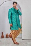 Indian Designer Wedding Wear Jacquard Fabric Indo-Western Sherwani Pajama Set For Men