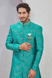 Indian Designer Wedding Wear Jacquard Fabric Indo-Western Sherwani Pajama Set For Men