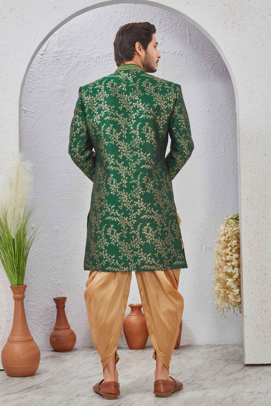 Indian Designer Wedding Wear Jacquard Fabric Indo-Western Sherwani Pajama Set For Men