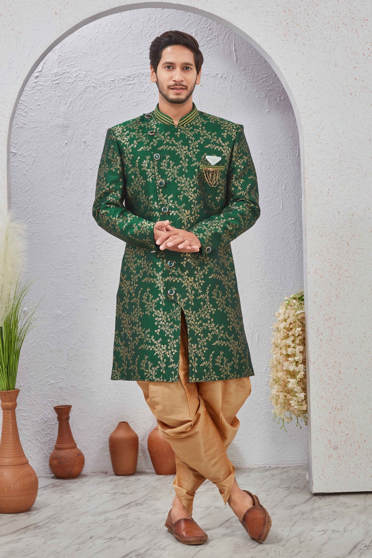 Indian Designer Wedding Wear Jacquard Fabric Indo-Western Sherwani Pajama Set For Men