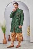 Indian Designer Wedding Wear Jacquard Fabric Indo-Western Sherwani Pajama Set For Men