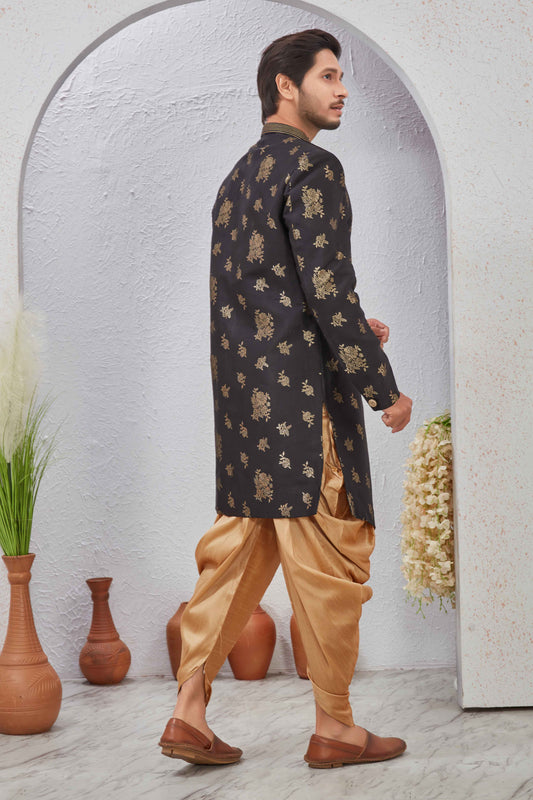 Indian Designer Wedding Wear Jacquard Fabric Indo-Western Sherwani Pajama Set For Men