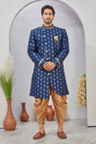Indian Designer Wedding Wear Jacquard Fabric Indo-Western Sherwani Pajama Set For Men