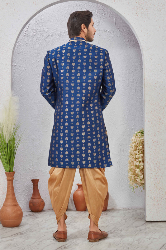 Indian Designer Wedding Wear Jacquard Fabric Indo-Western Sherwani Pajama Set For Men