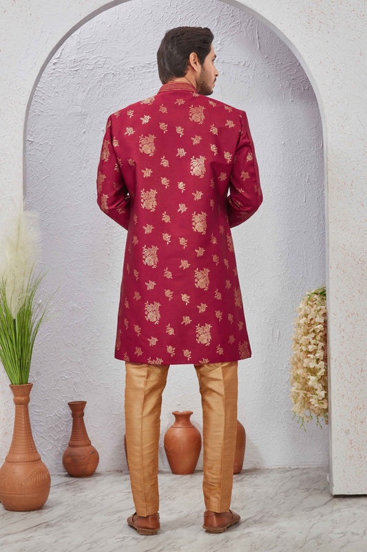 Indian Designer Wedding Wear Jacquard Fabric Indo-Western Sherwani Pajama Set For Men