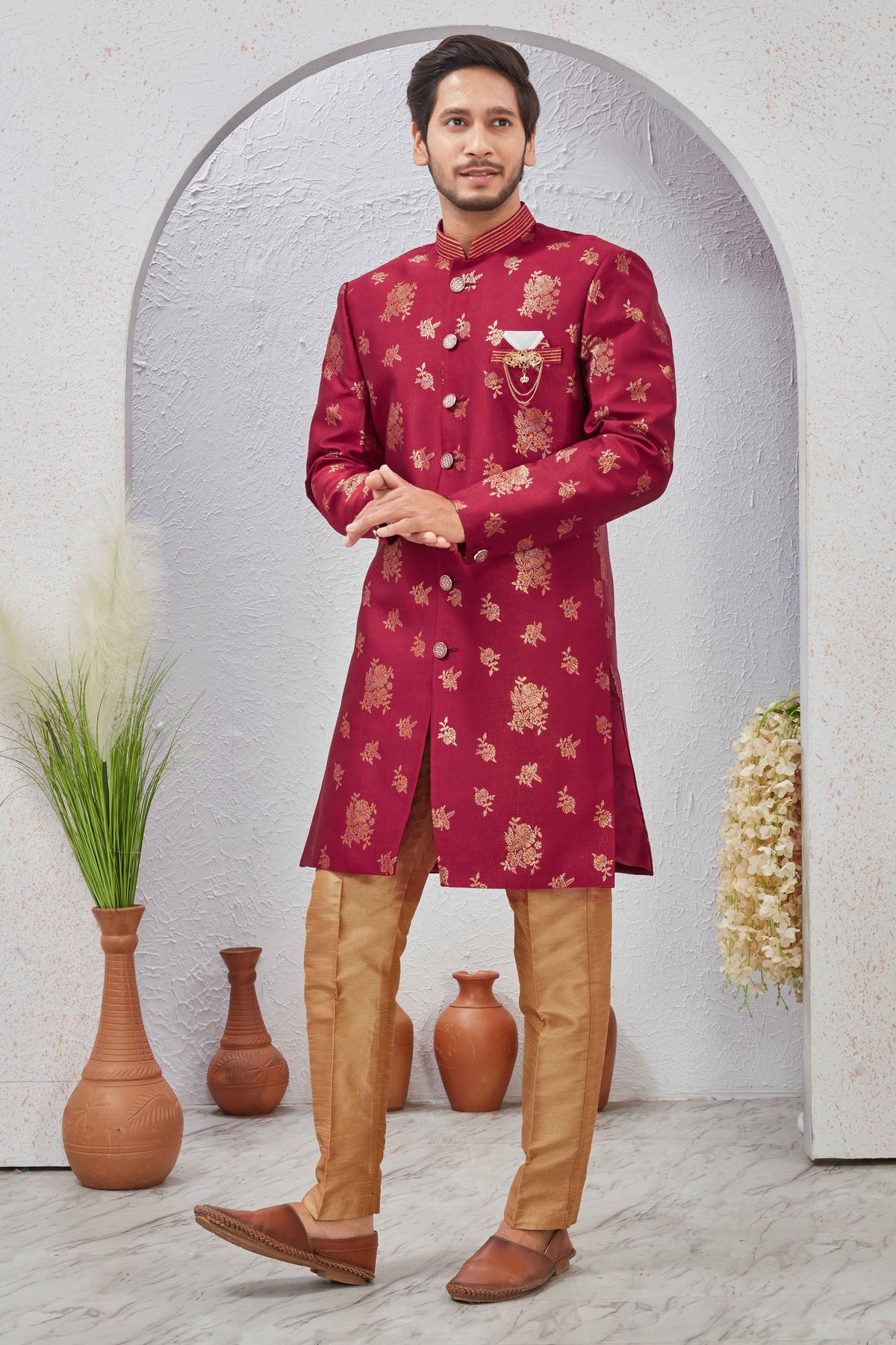 Indian Designer Wedding Wear Jacquard Fabric Indo-Western Sherwani Pajama Set For Men