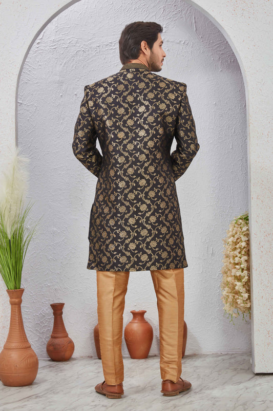 Indian Designer Wedding Wear Jacquard Fabric Indo-Western Sherwani Pajama Set For Men