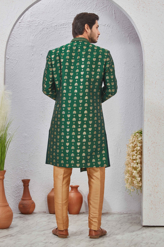 Indian Designer Wedding Wear Jacquard Fabric Indo-Western Sherwani Pajama Set For Men