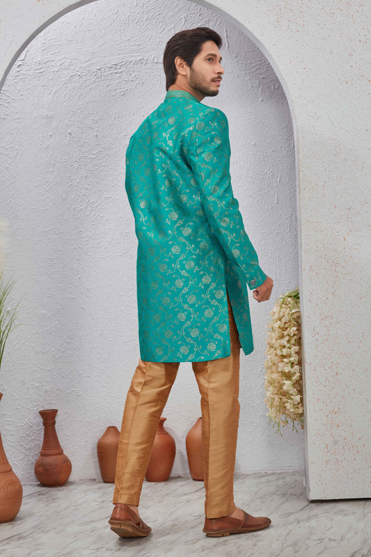 Indian Designer Wedding Wear Jacquard Fabric Indo-Western Sherwani Pajama Set For Men