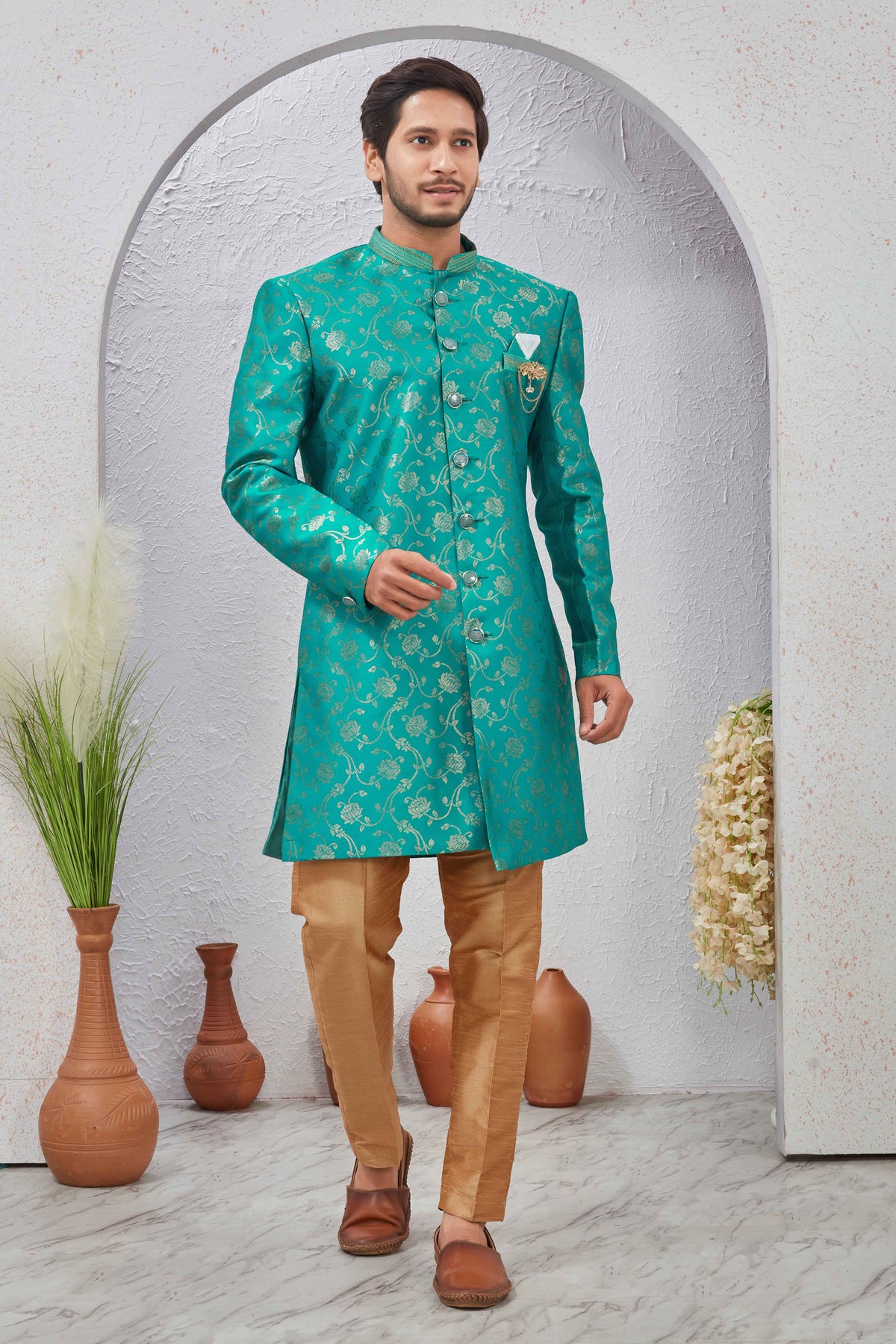 Indian Designer Wedding Wear Jacquard Fabric Indo-Western Sherwani Pajama Set For Men