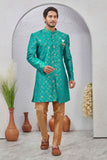 Indian Designer Wedding Wear Jacquard Fabric Indo-Western Sherwani Pajama Set For Men