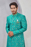 Indian Designer Wedding Wear Jacquard Fabric Indo-Western Sherwani Pajama Set For Men