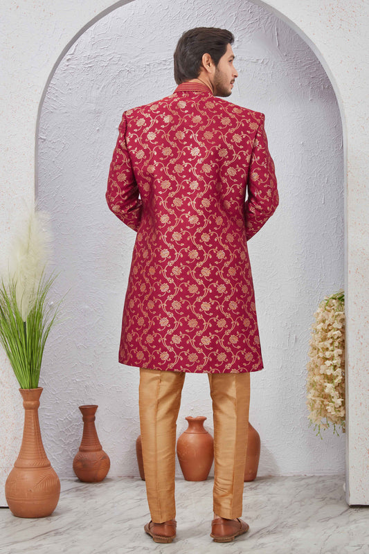 Indian Designer Wedding Wear Jacquard Fabric Indo-Western Sherwani Pajama Set For Men