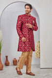 Indian Designer Wedding Wear Jacquard Fabric Indo-Western Sherwani Pajama Set For Men