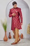 Indian Designer Wedding Wear Jacquard Fabric Indo-Western Sherwani Pajama Set For Men