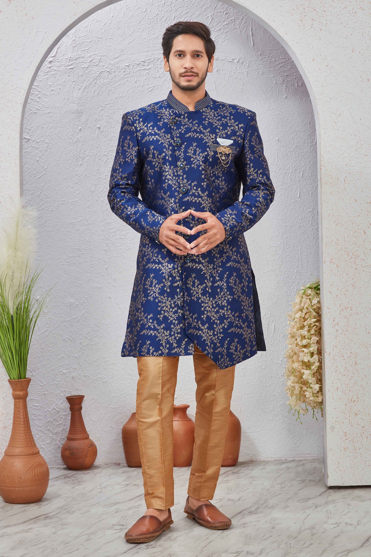 Indian Designer Wedding Wear Jacquard Fabric Indo-Western Sherwani Pajama Set For Men