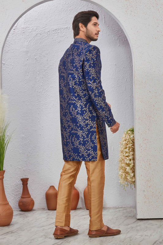 Indian Designer Wedding Wear Jacquard Fabric Indo-Western Sherwani Pajama Set For Men