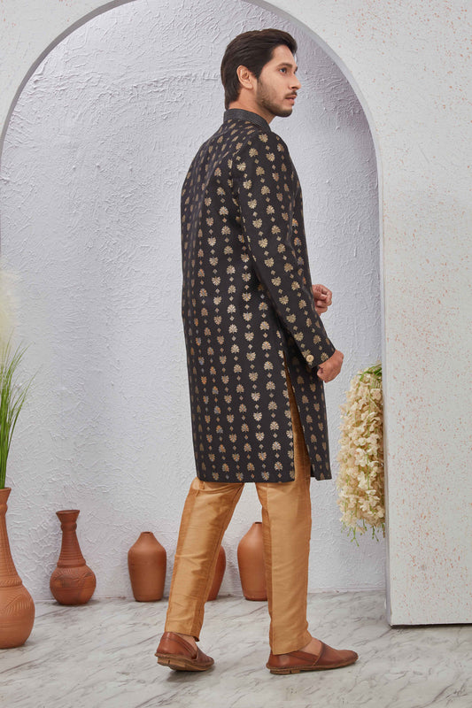 Indian Designer Wedding Wear Jacquard Fabric Indo-Western Sherwani Pajama Set For Men