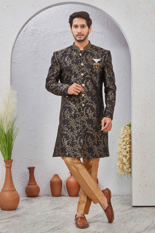 Indian Designer Wedding Wear Jacquard Fabric Indo-Western Sherwani Pajama Set For Men