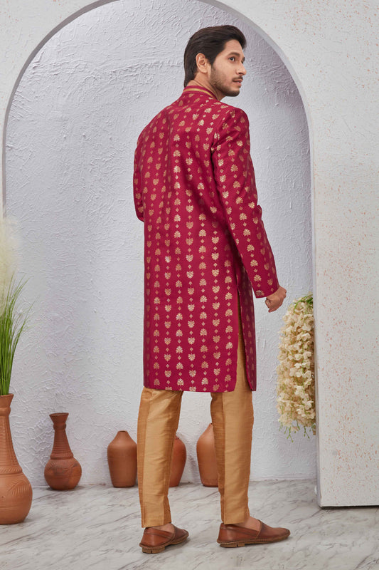 Indian Designer Wedding Wear Jacquard Fabric Indo-Western Sherwani Pajama Set For Men