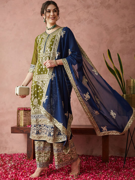 Olive Green & Navy Blue Embroidered Kurta Palazzo Set with Dupatta
