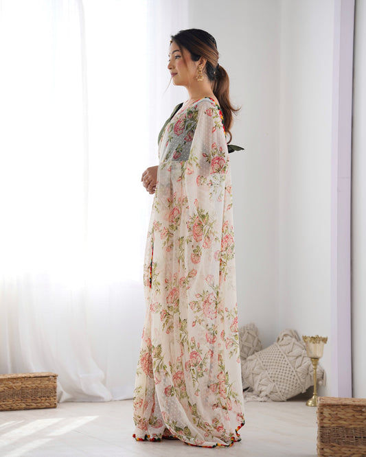 Ivory Floral Organza Saree with Multicolor Pom-Pom Border – Breezy Elegance