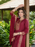 Maroon Printed Rayon Kurta Pant Set with Dupatta