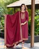 Maroon Printed Rayon Kurta Pant Set with Dupatta