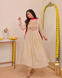 Cream Embellished Silk Kurta Pant Set with Dupatta