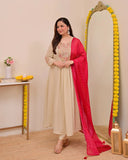 Cream Embellished Silk Kurta Pant Set with Dupatta