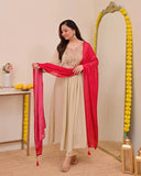 Cream Embellished Silk Kurta Pant Set with Dupatta
