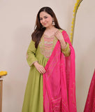 Green Embellished Silk Kurta Pant Set with Dupatta