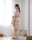 Beige Floral Dream Silk Saree with Scalloped Mirror Lace Border