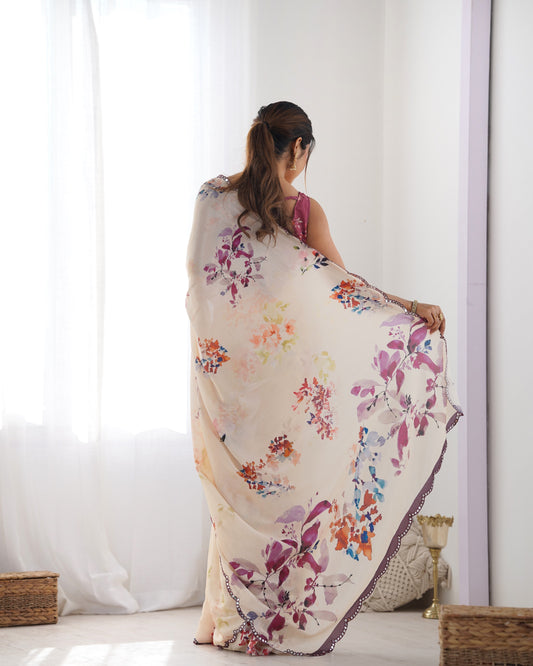 Beige Floral Dream Silk Saree with Scalloped Mirror Lace Border
