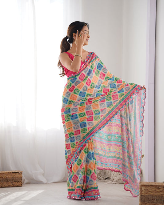 Vibrant Multicolor Geometric Print Silk Saree with Mirror Lace Border