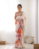 Multicolor Pastel Floral Printed Silk Saree with Mirror Lace Border
