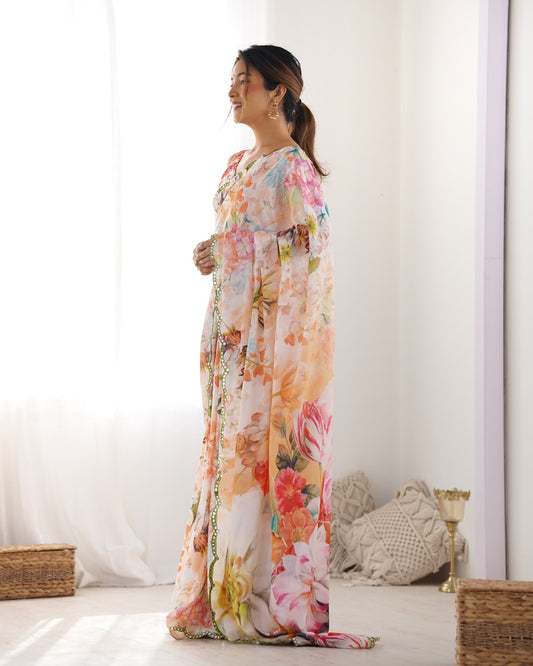 Multicolor Pastel Floral Printed Silk Saree with Mirror Lace Border
