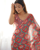 Vibrant Red & Green Ethnic Motif Silk Saree with Blouse Piece