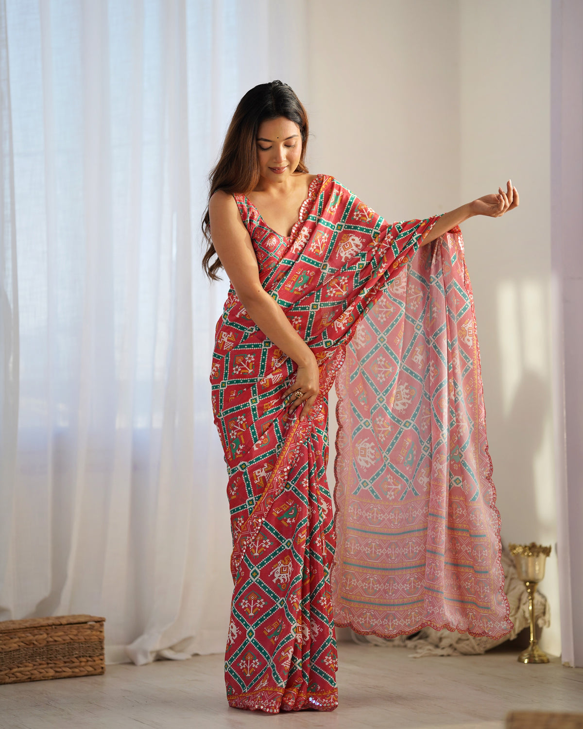 Vibrant Red & Green Ethnic Motif Silk Saree with Blouse Piece