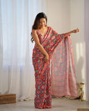 Vibrant Red & Green Ethnic Motif Silk Saree with Blouse Piece